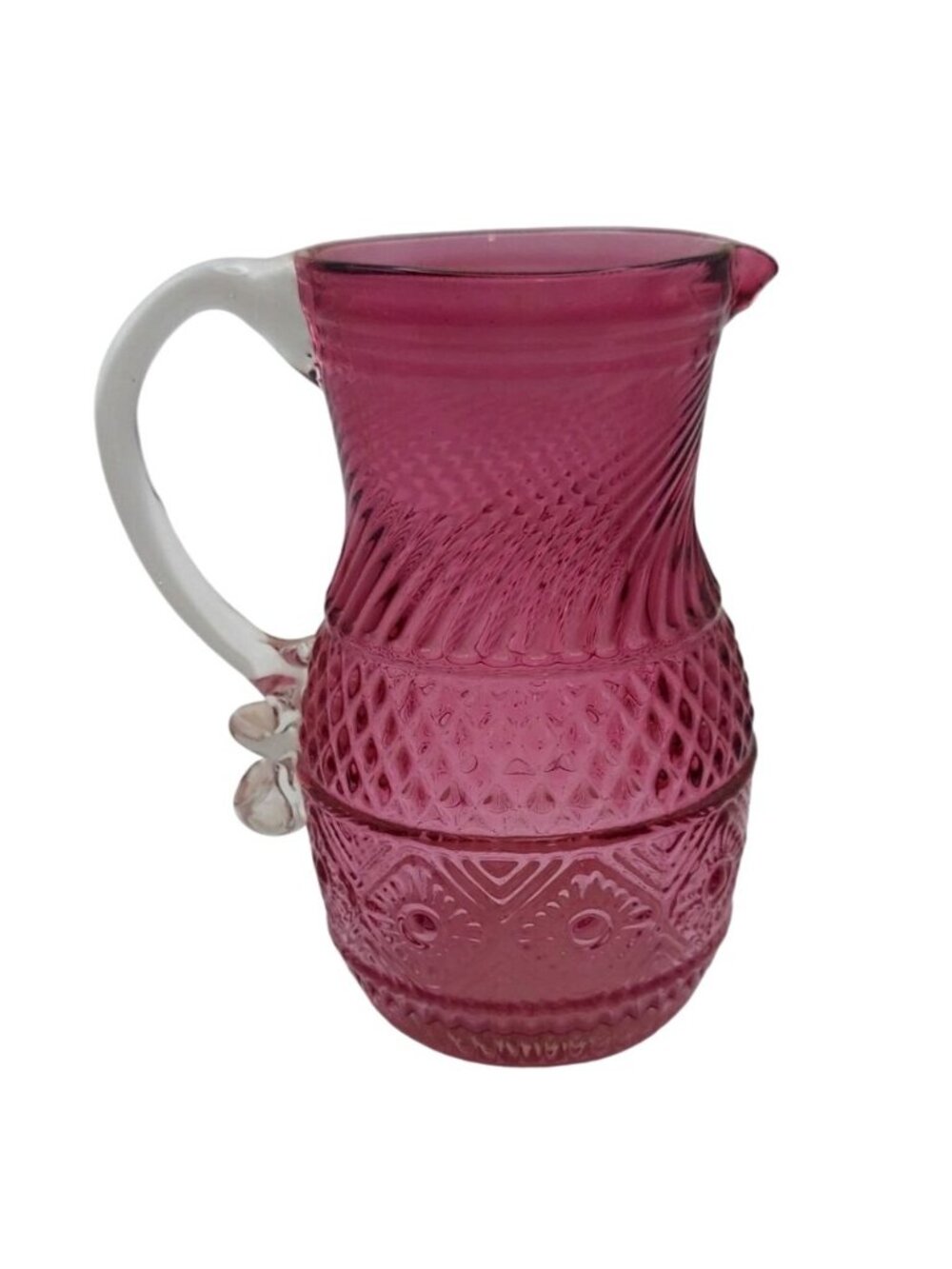Pilgrim Cranberry Glass Hand Blown Bennington Pitcher Optic Swirl Design Vintage